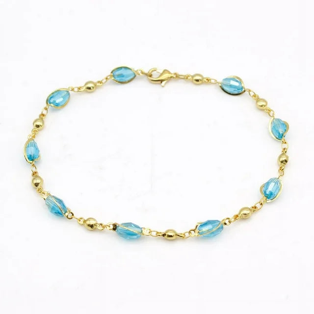 18K GOLD AQUAMARINE OVAL CRYSTAL ANKLE BRACELET