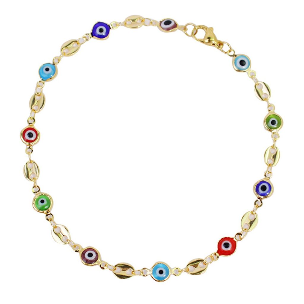 RMZ GOLD NYC 18K-Gold-Plated Mariner Multicolor Evil Eye Crystal Anklet