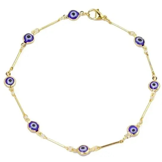 RMZ GOLD NYC 18K GOLD PLATED BAR STYLE BLUE EVIL EYE CRYSTAL ANKLET