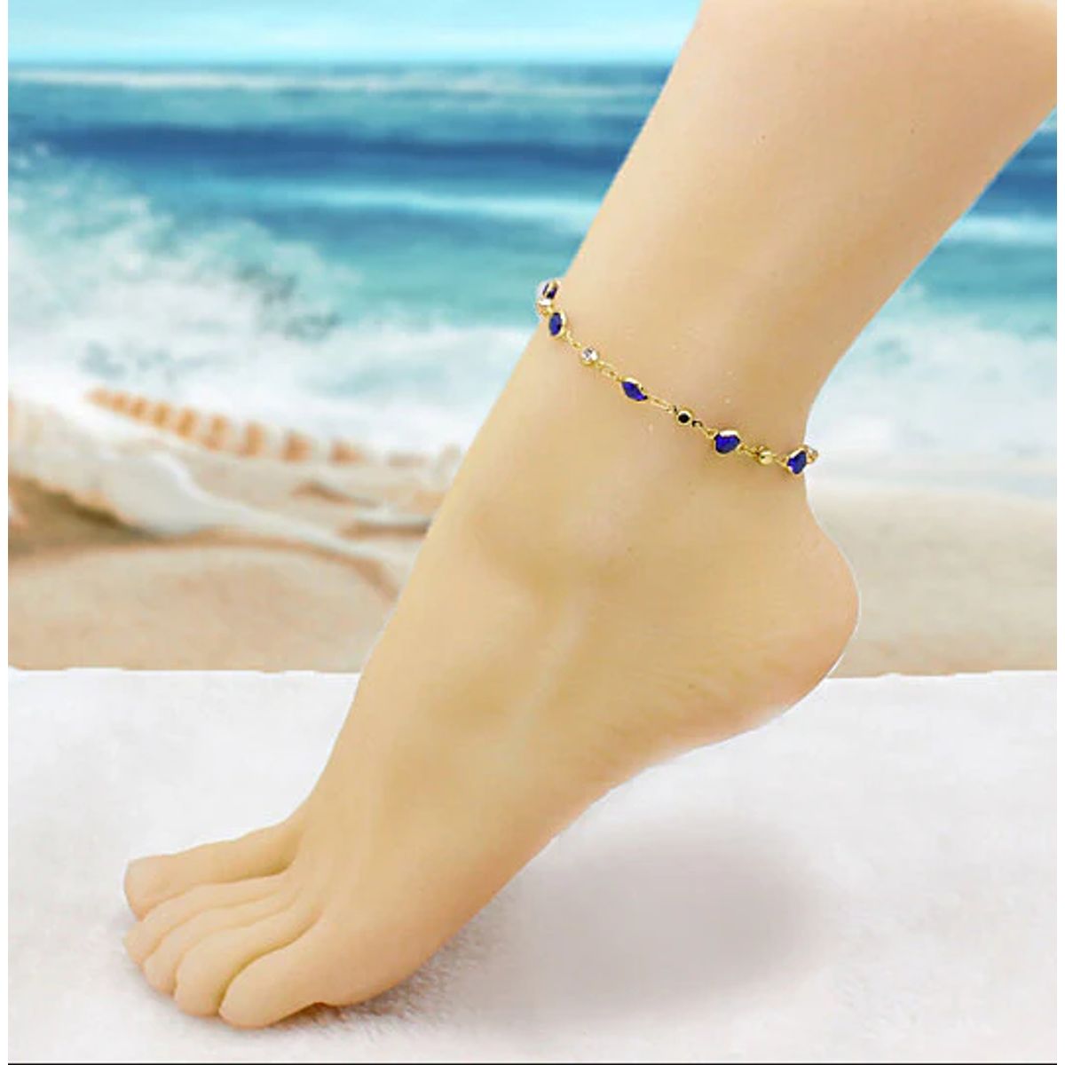 RMZ GOLD NYC 10-Inch 18K-Gold-Filled Blue Crystal Anklet