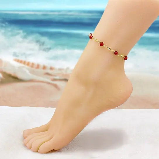 RMZ GOLD NYC 18K GOLD FILLED HIGH POLISH FINSH RED CRYSTAL ANKLE BRACELET