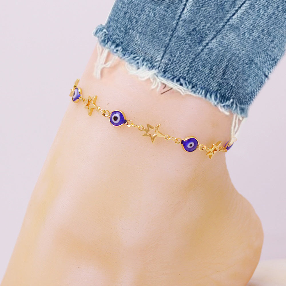 RMZ GOLD NYC 18K Star Blue Evil Eye Crystal Anklet