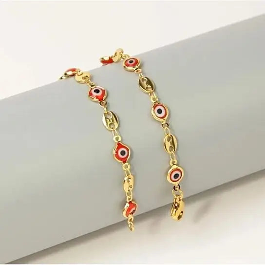 RMZ GOLD NYC 18K Gold Plated Mariner Chain Anklet with Red Evil Eye Crystal Charm