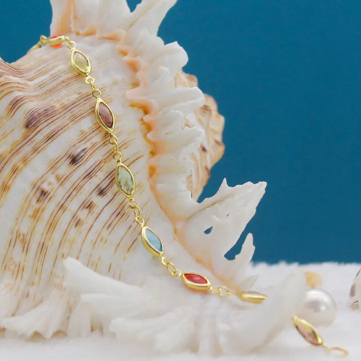RMZ GOLD NYC 18K GOLD PLATED GOLD AND MULTI COLOR CRYSTAL OVAL ANKLET