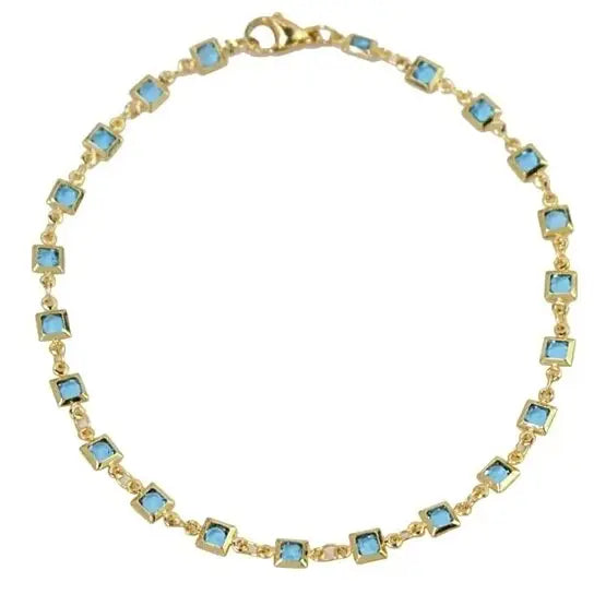 RMZ GOLD NYC 18K Gold Plated Ankle Bracelet Featuring Light Blue Square-Cut Crystal