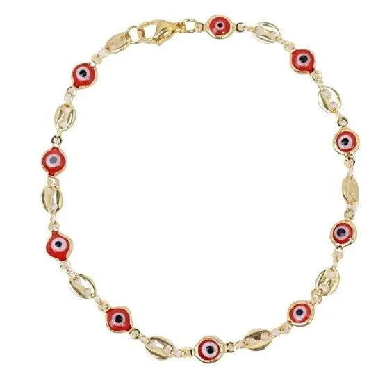 RMZ GOLD NYC 18K Gold Plated Mariner Chain Anklet with Red Evil Eye Crystal Charm