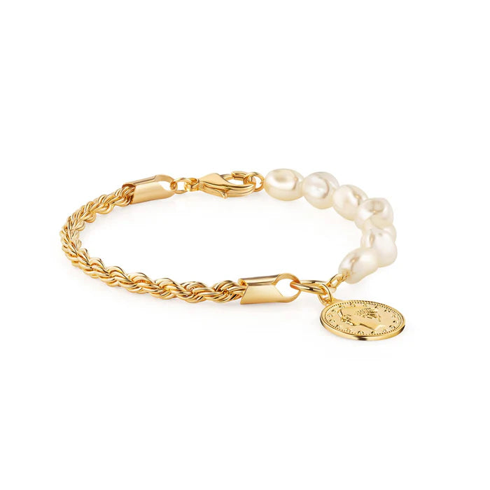 18K Gold Rope & Pearl Anklet with Coin Charm - 10 Inches