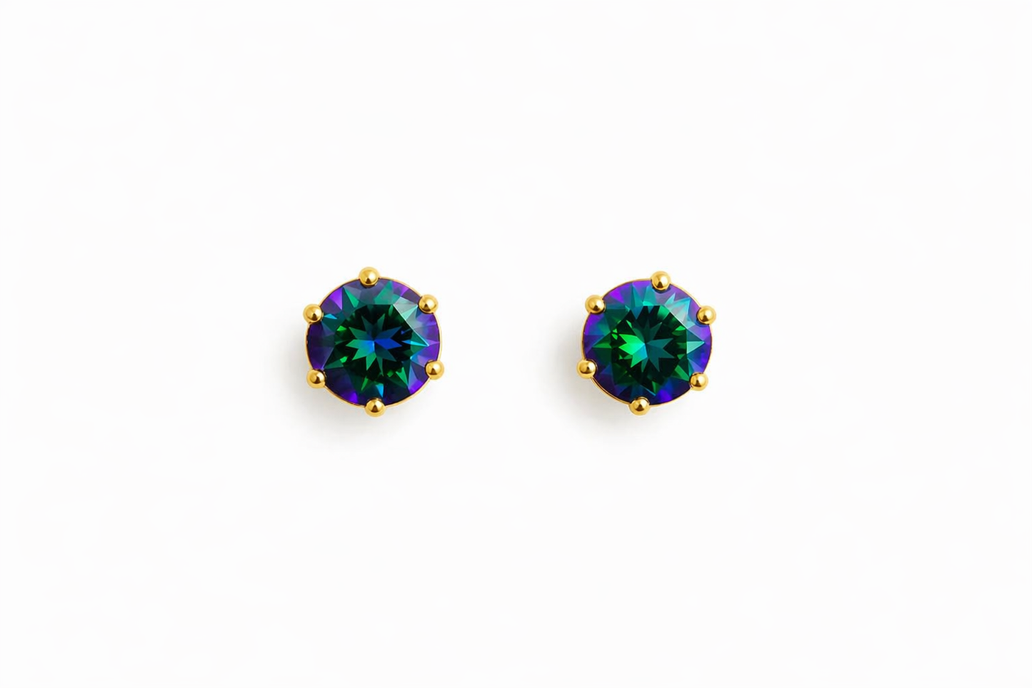 Mystic Green Aurora Stud Earrings – Iridescent Gemstone Sparkle in Gold Setting