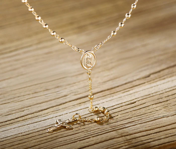 RMZ GOLD NYC 14K Gold Virgin Mary Rosary Bead Cross Necklace 18''