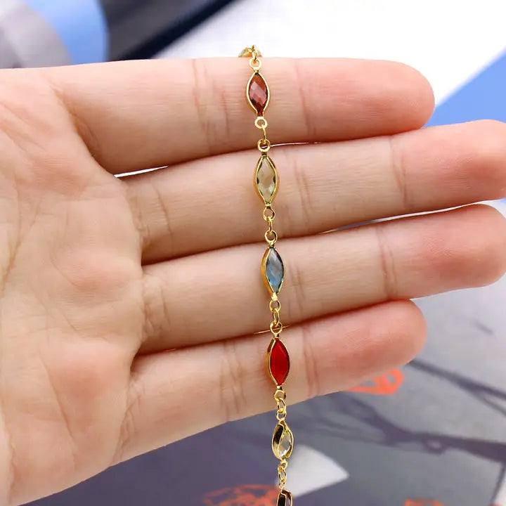 RMZ GOLD NYC 18K GOLD PLATED GOLD AND MULTI COLOR CRYSTAL OVAL ANKLET