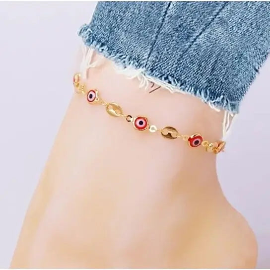 RMZ GOLD NYC 18K Gold Plated Mariner Chain Anklet with Red Evil Eye Crystal Charm