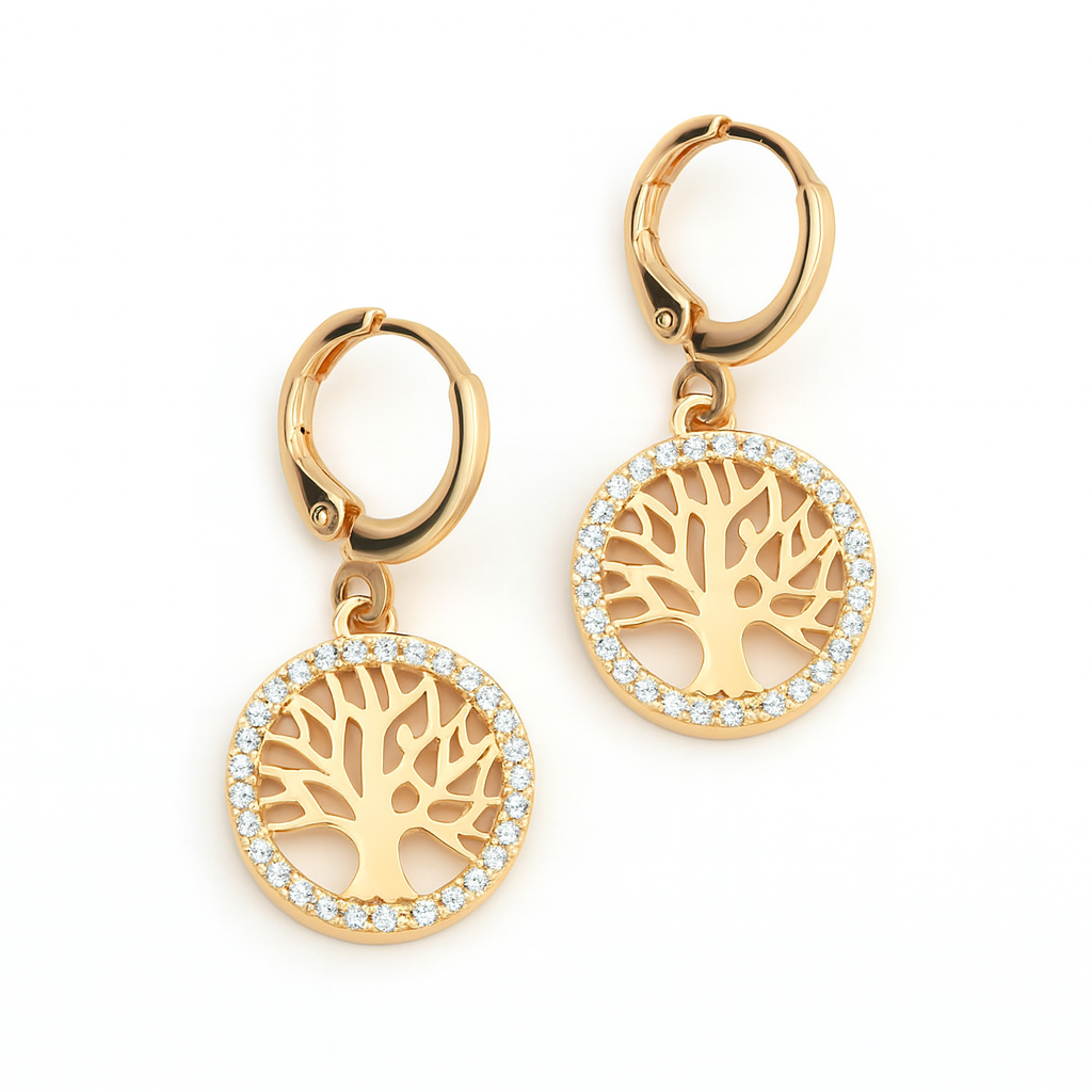 Gold Tree of Life Hoop Earrings – Crystal-Accented Dangle Earrings for Women