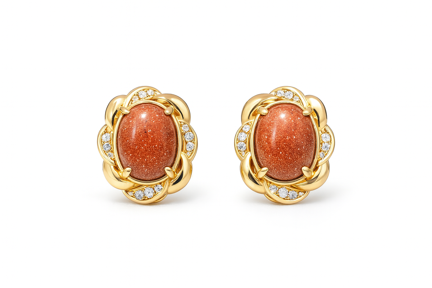 Gold Sunstone & Diamond Floral Stud Earrings – Vintage Inspired Oval Gemstone Earrings in 18K Gold Finish