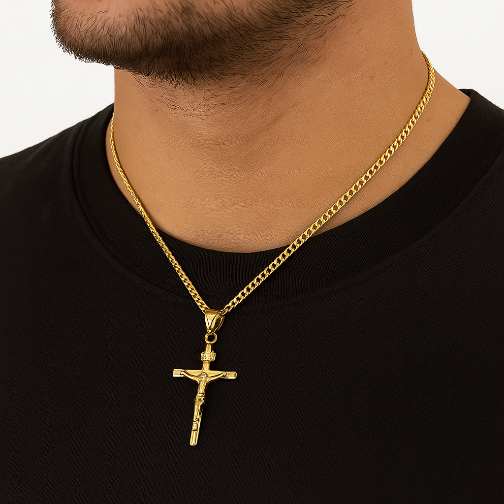 18K Gold Plated Cross Pendant with 24" Cuban Chain – Premium Shine & Timeless Style
