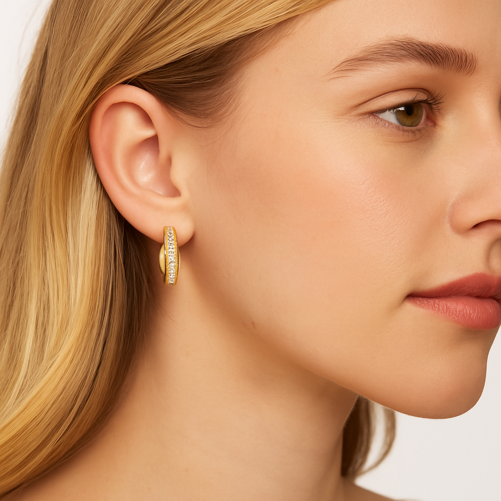 RMZ GOLD NYC Double Sided Gold Tone Huggie Hoop Earrings – Micro Pavé Crystals, Elegant Polished Finish
