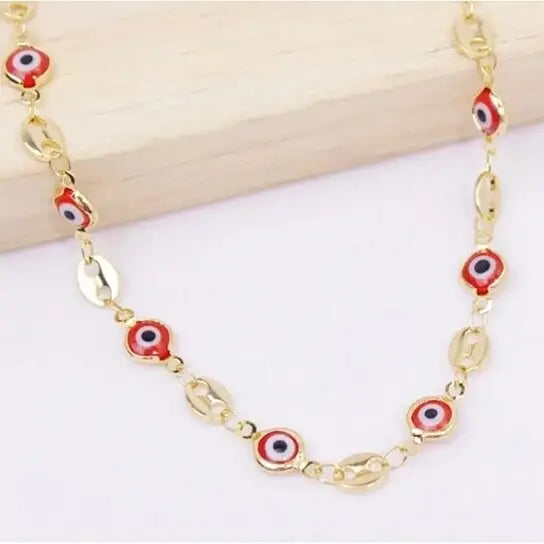 RMZ GOLD NYC 18K Gold Plated Mariner Chain Anklet with Red Evil Eye Crystal Charm