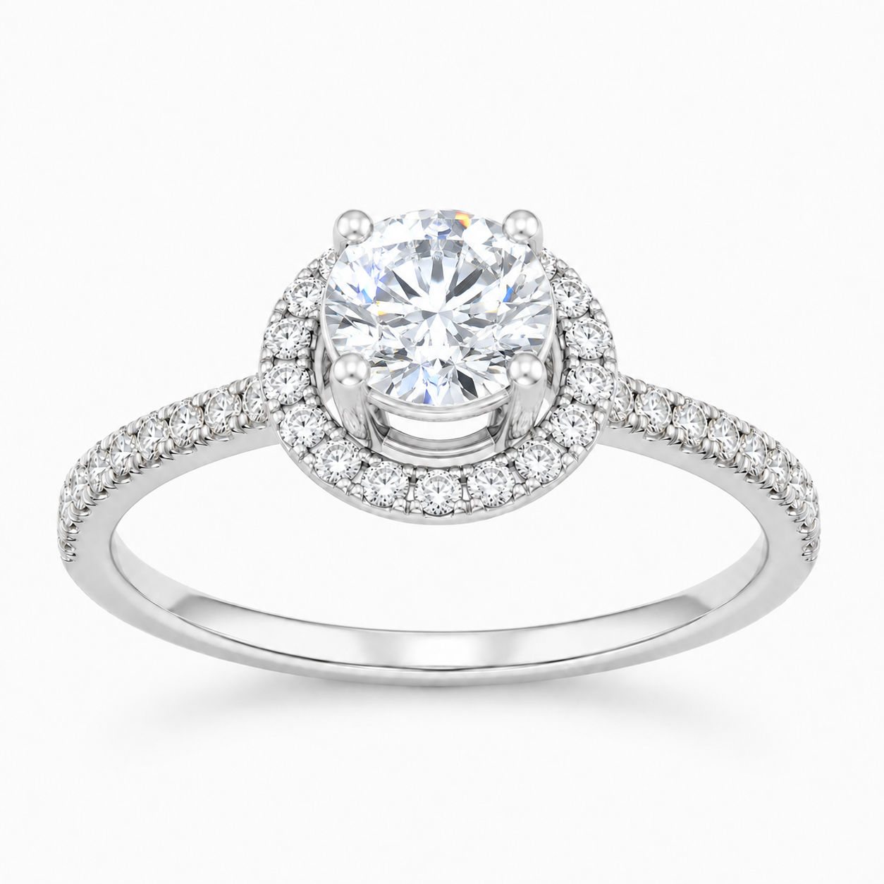 Brilliant Round-Cut CZ Halo Ring with Pavé Band