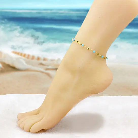 18K GOLD FILLED HIGH POLISH FINSH HIGH FINISH POLISH TURQUOISE BALL ANKLE BRACELET