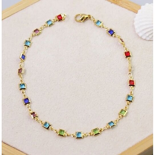 RMZ GOLD NYC LIGHT MULTI COLOR CRYSTAL SQUARE ANKLE BRACELET