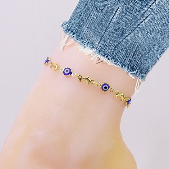 RMZ GOLD NYC 18K YELLOW GOLD DOLPHIN BLUE EVIL EYE ANKLET PLATED