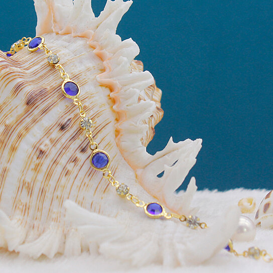 18K GOLD FILLED HIGH POLISH FINSH BLUE CRYSTAL ANKLE BRACELET