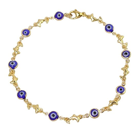 RMZ GOLD NYC 18K YELLOW GOLD DOLPHIN BLUE EVIL EYE ANKLET PLATED