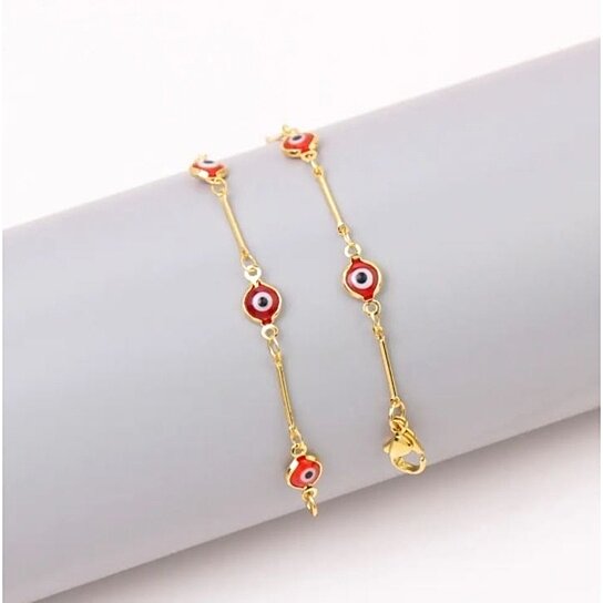 RMZ GOLD NYC 18K GOLD PLATED BAR STYLE RED EVIL EYE CRYSTAL ANKLET