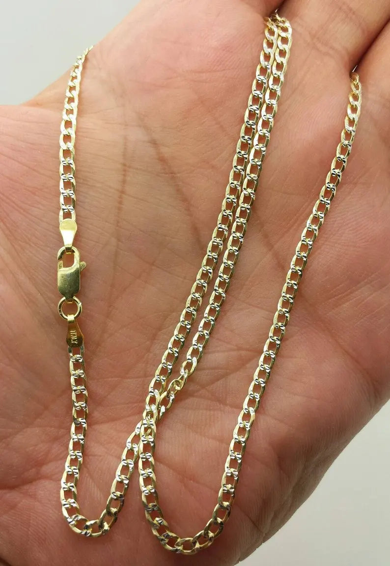 925 Sterling Silver Italian Solid Yellow Pave Cuban Curb Link Chain 16"-24" 2mm