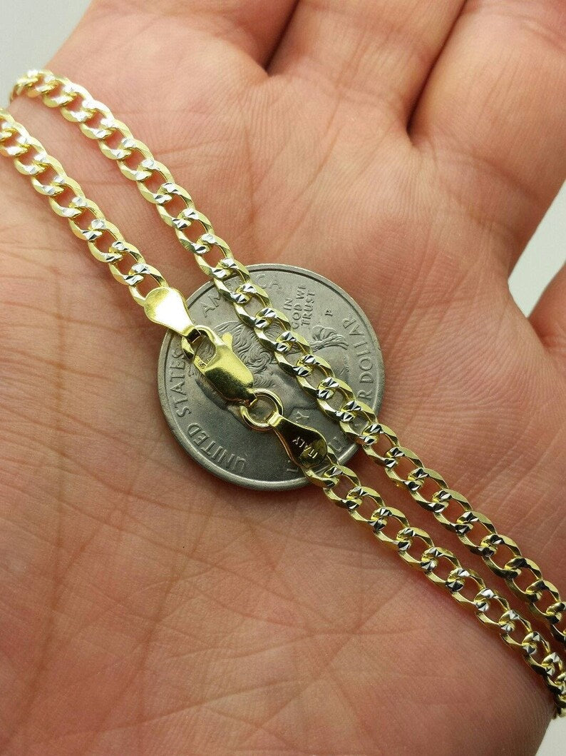 925 Sterling Silver Italian Solid Yellow Pave Cuban Curb Link Chain 16"-24" 4mm Fathers Day Gift/Best Selling Sale