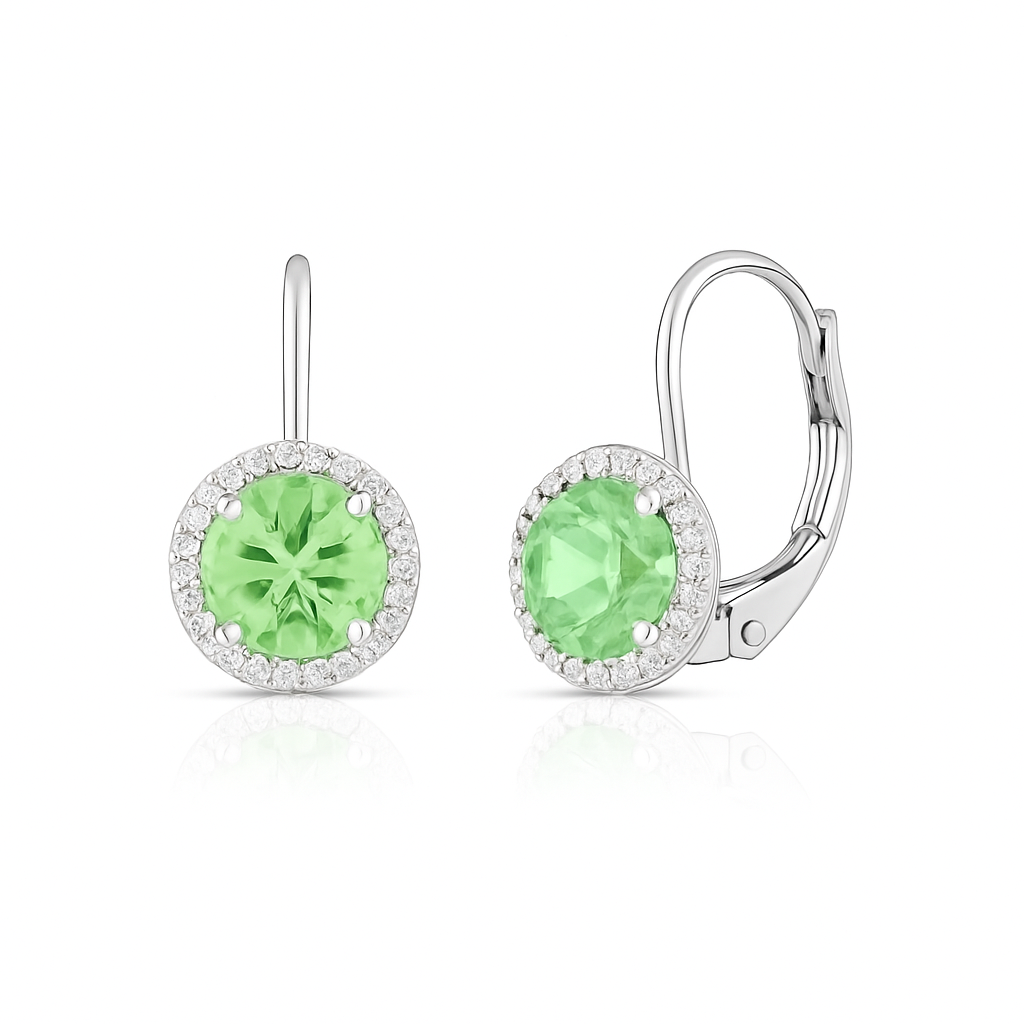 Elegant Green Gemstone Halo Drop Earrings Classic Leverback Design