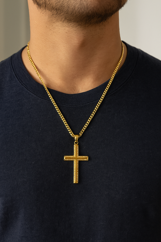 RMZ 18K Gold Plated Cross Pendant with 24" Cuban Chain – Modern Faith Jewelry for Men