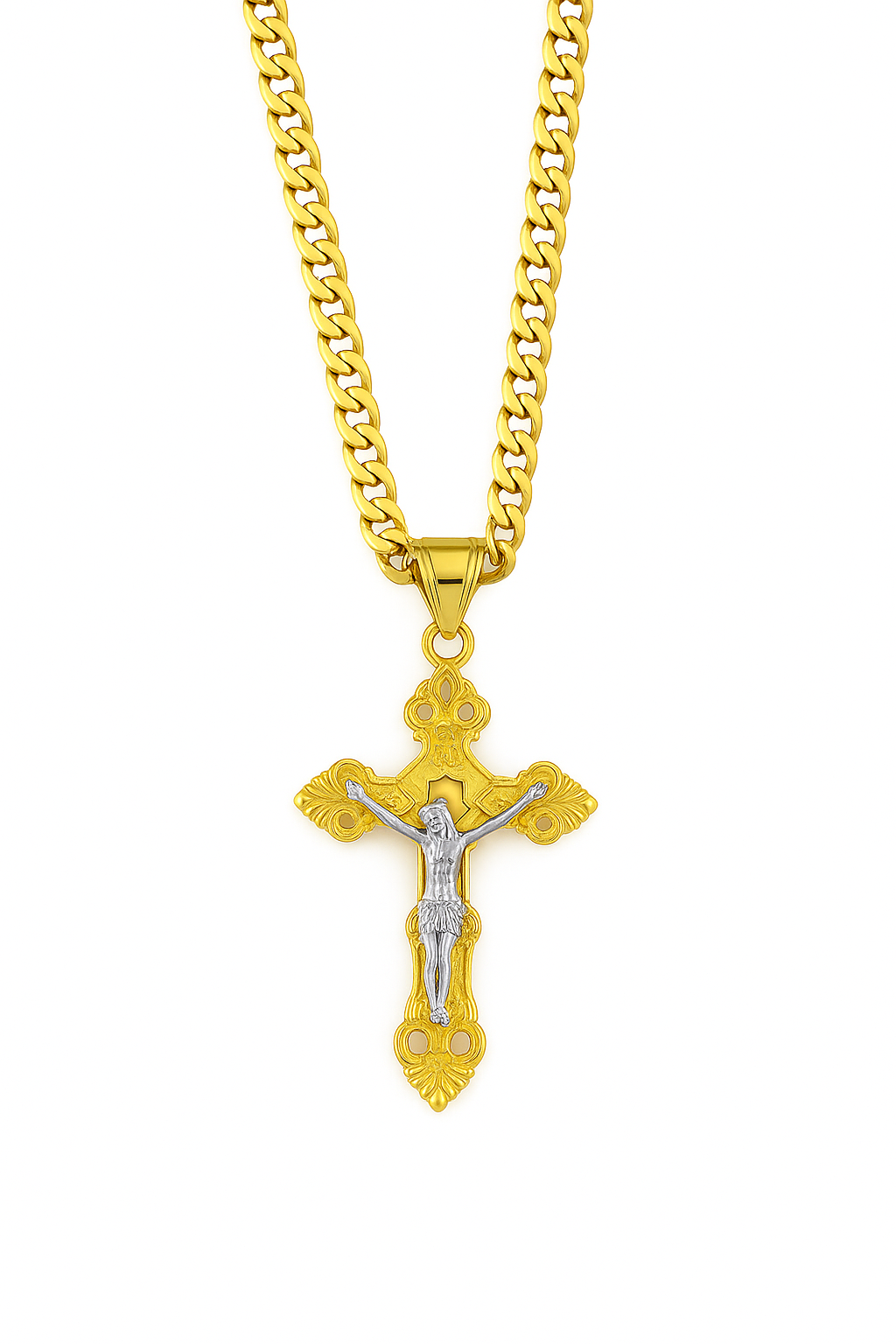 18K Gold Plated Two-Tone Crucifix Pendant with 24" Cuban Chain – Faith & Elegance Combined