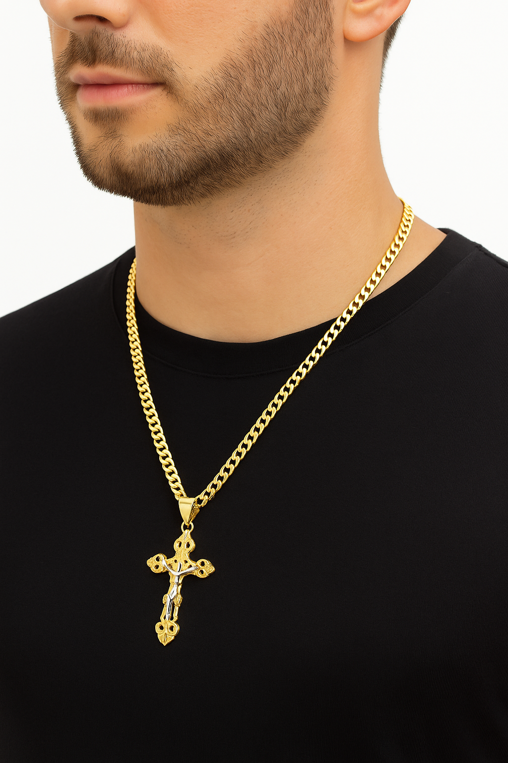 18K Gold Plated Two-Tone Crucifix Pendant with 24" Cuban Chain – Faith & Elegance Combined