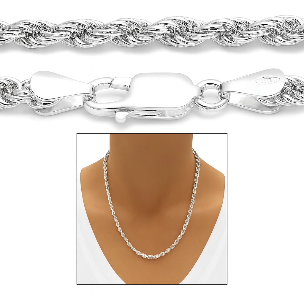 Italian 14K White Gold Filled High Polish Rope Chain – Gold & Silver Finish | Matching Bracelets & Anklets | Unisex Rope Chain Jewelry