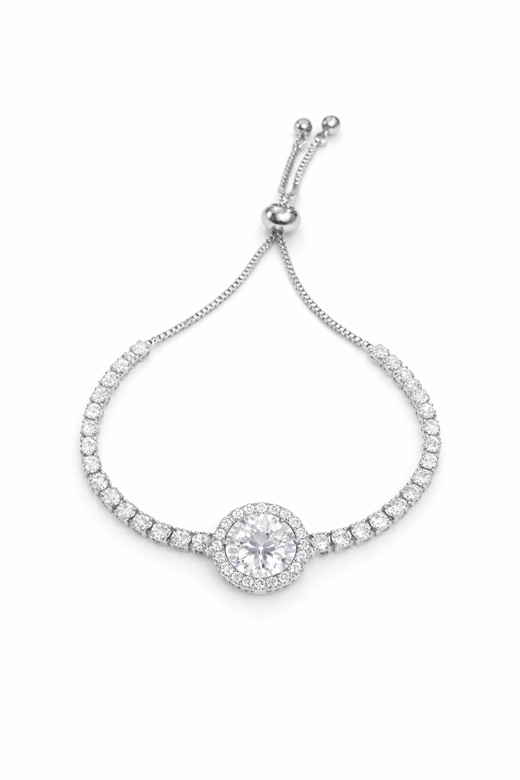 Adjustable Halo CZ 16mm Center stone Slider Bracelet – Up to 9"
