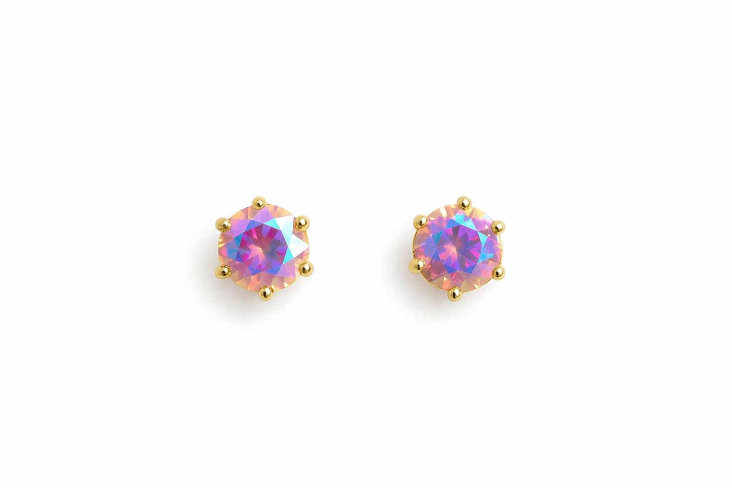 Iridescent Pink Aurora Stud Earrings – Radiant Sparkle in Gold Setting