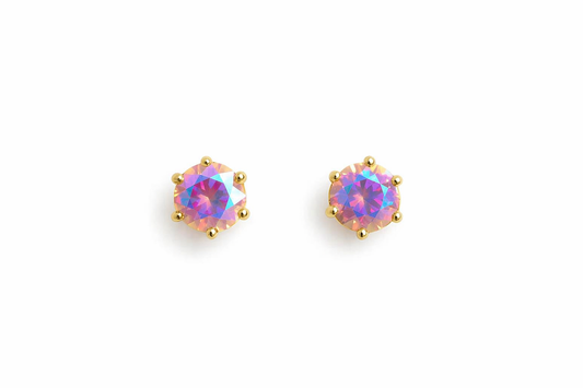 Iridescent Pink Aurora Stud Earrings – Radiant Sparkle in Gold Setting