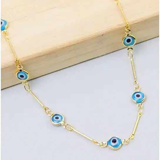 RMZ GOLD NYC 18K GOLD PLATED BAR STYLE LIGHT BLUE EVIL EYE CRYSTAL ANKLET