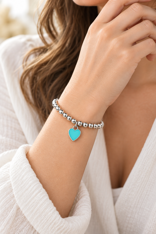 Silver Beaded Bracelet with Turquoise Heart Charm