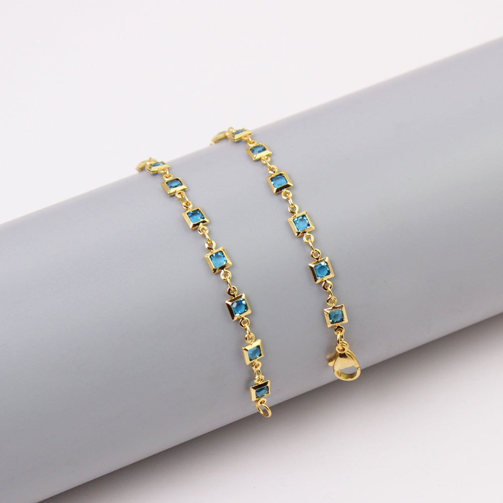 18K-Gold-Plated Light Blue Square-Crystal Anklet