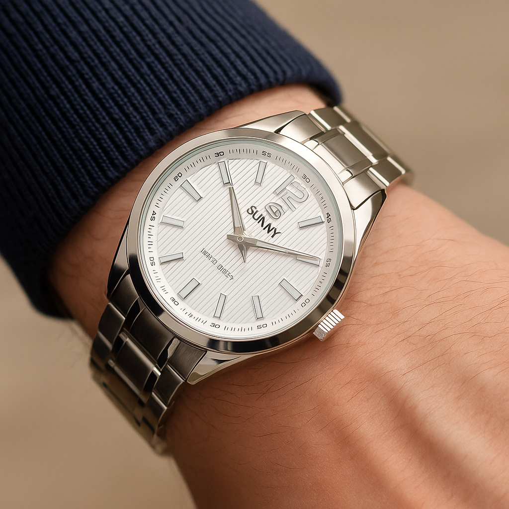 Sunny Silver Stainless Steel Watch – Minimalist White Dial Men’s Quartz Timepiece
