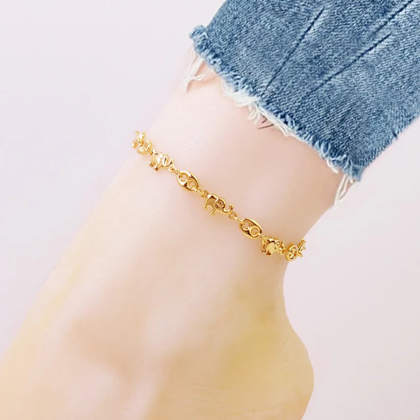 Gold Elephant Puffy Mariner Charm Bracelet – 7.5” 10” Lucky Elephant Link Chain