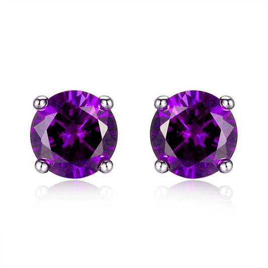 925 Sterling Silver 6mm Round-Cut Amethyst Stud Earrings