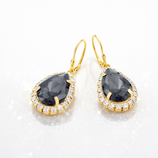 Gold Black Sapphire Yellow Crystal Tear Drop Hanging Earrings
