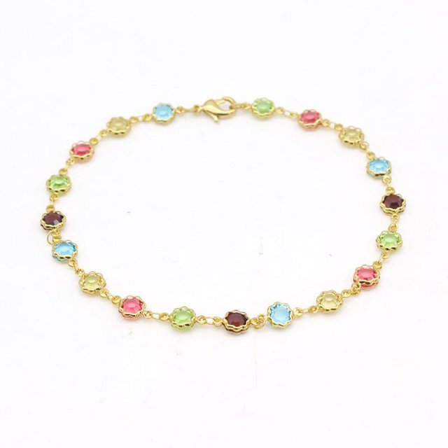 18K GOLD FILLED HIGH POLISH FINSH MULTI COLOR FLOWER CRYSTAL ANKLE BRACELET