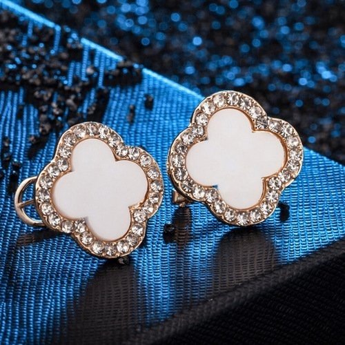 18K Gold Filled High Polish Finish Four Leaf White Clip on Earrings