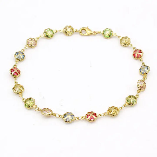 RMZ GOLD NYC 18K Gold Filled Puffy Flower Anklet – Multi-Color Crystal Accents, Dainty & Fun