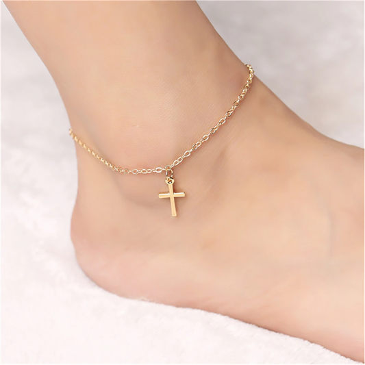 18K-Gold-Hanging Cross Anklet