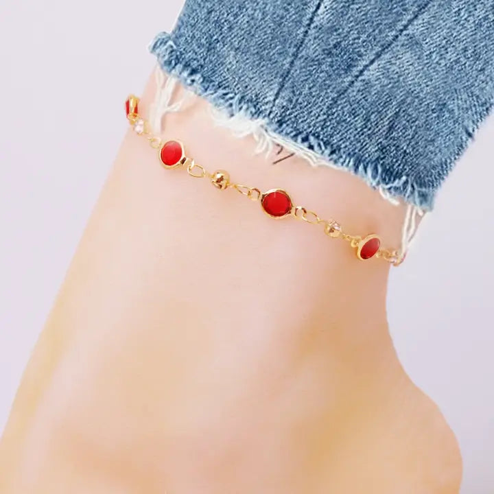 RMZ GOLD NYC 18K GOLD PLATED HIGH POLISH FINISH RED CRYSTAL ANKLET