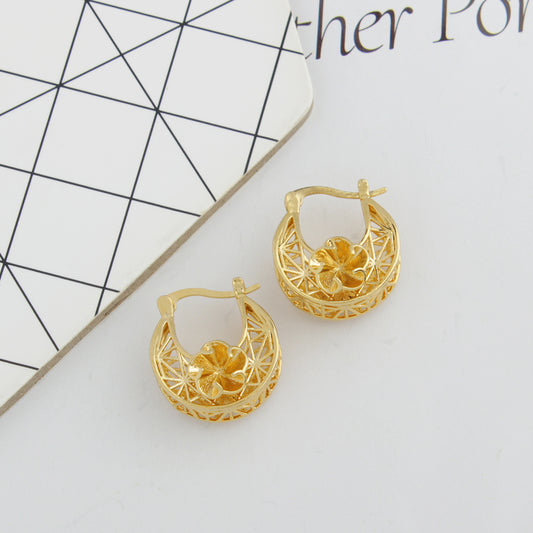 14k Gold Flower Basket Hoop Earrings